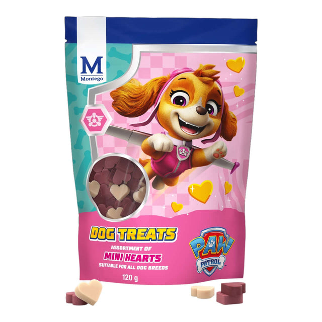 Paw Patrol Assortment Mini Hearts Dog Treats pack featuring tasty mini heart-shaped snacks for dogs.