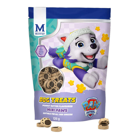 Paw Patrol Peanut Butter Mini Paws dog treats in a 120g bag, nutritious snack made with real peanut butter.