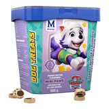 Paw Patrol Peanut Butter Mini Paws dog treats 500g bucket with peanut butter flavored biscuits.