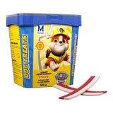Paw Patrol Streaky Bacon Strips dog treats in a 500g bucket with tasty chew strips.
