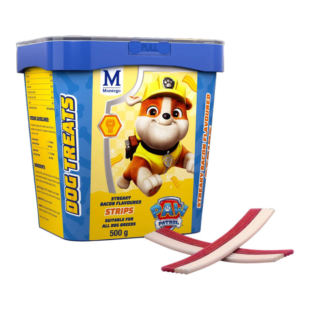 Paw Patrol Streaky Bacon Strips dog treats in a 500g bucket with tasty chew strips.