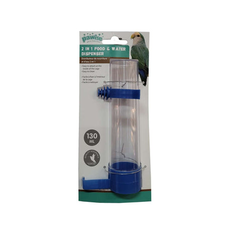 Pawise 2 in 1 Water and Food Dispenser, 130ml, clear design with blue attachment, ideal for bird cages, easy to clean and use.