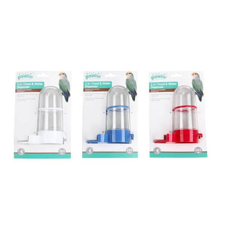 Pawise 2 in 1 Water and Food Dispenser 265ml, available in white, blue, and red with bird illustration on packaging.