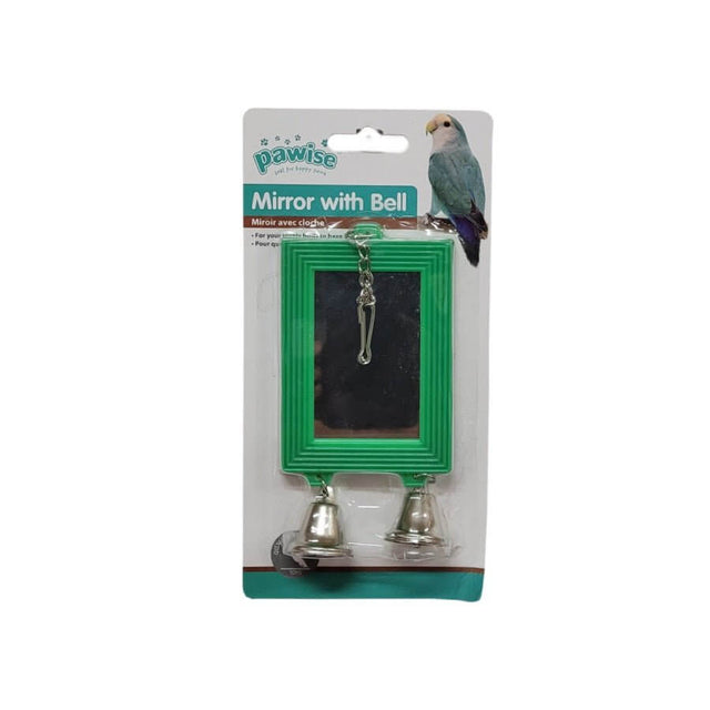 Pawise Mirror with Bells Bird Toy in green packaging, designed for bird entertainment and play.