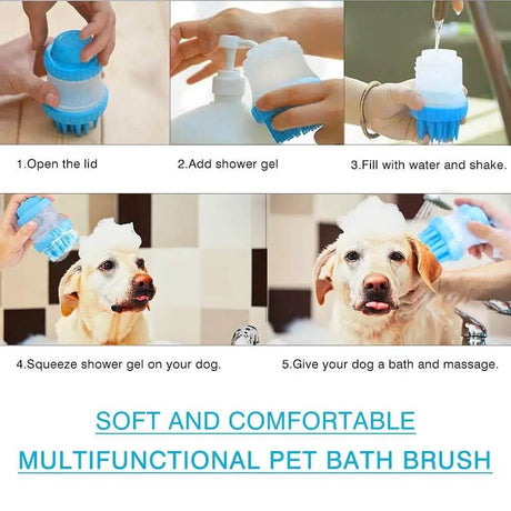 Steps to use Pawise Pet Washer for a comfortable dog bath with shower gel and massage.