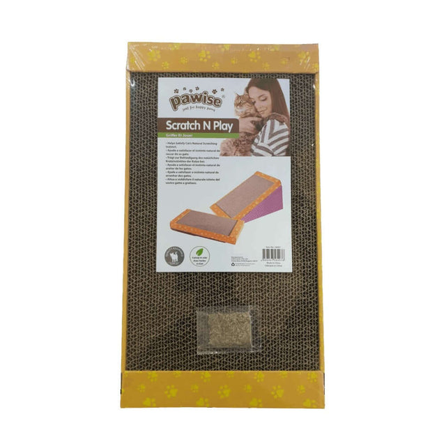 Pawise Scratch n Play cat scratcher with corrugated cardboard and catnip for fun and stretching.