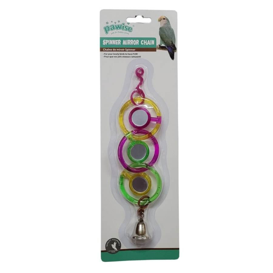 Pawise Spinner Mirror Chain Bird Toy featuring colorful rings and a bell for fun and entertainment for birds.