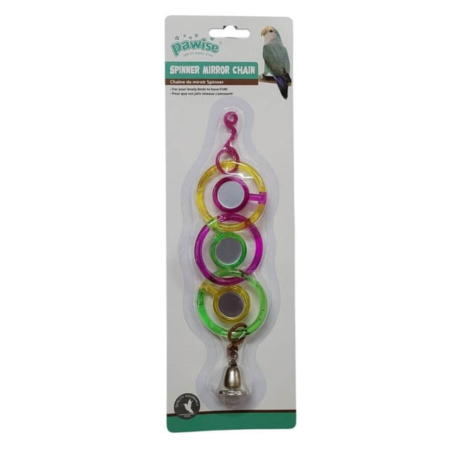 Pawise Spinner Mirror Chain Bird Toy featuring colorful rings and a bell for fun and entertainment for birds.