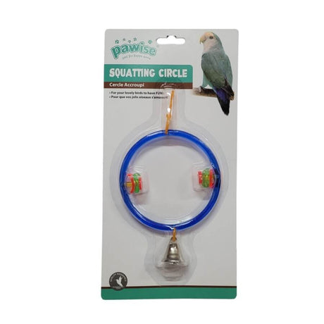 Pawise Squatting Circle Bird Toy packaging with blue circle, bell, and colorful accessories for bird entertainment.