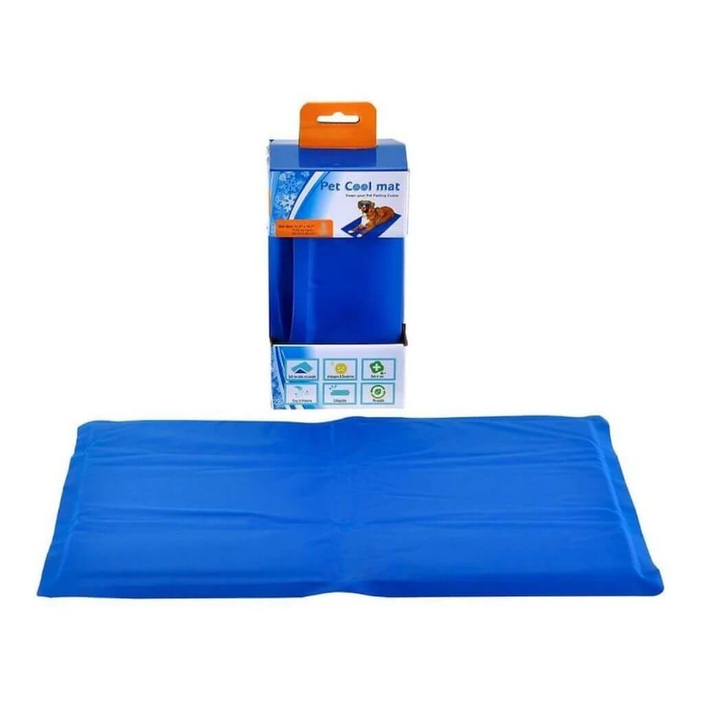 Pet cooling mat in blue with packaging, designed for summer relief and comfort for pets.