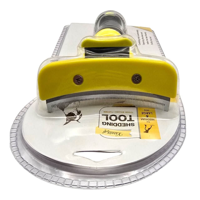 Pet shedding curved grooming tool with yellow handle for effective shedding and coat care.