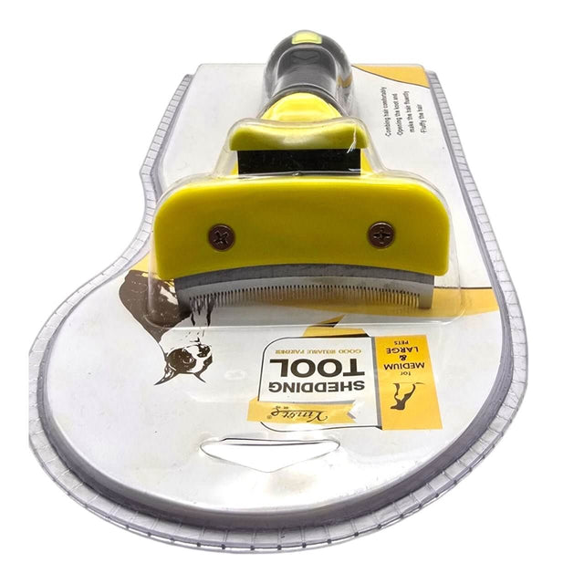 Pet shedding curved grooming tool with ergonomic handle for comfortable grooming and reducing pet hair shedding.