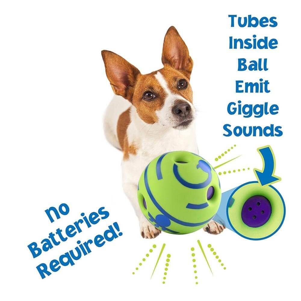Pet Sound Giggle Ball with Squeaker for dogs, interactive toy emits giggle sounds, no batteries required.