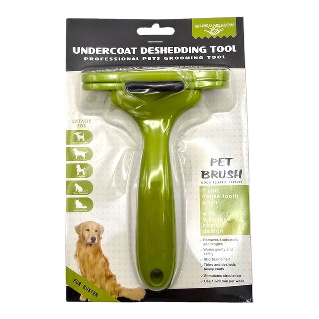 Pet Undercoat Deshedding Tool in green packaging, designed for effective grooming and coat health for pets.