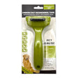 Pet undercoat deshedding tool with ergonomic grip, designed for effective grooming of pets' fur and removing loose hair.