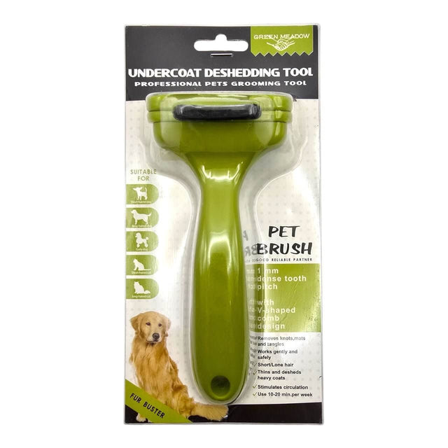 Pet undercoat deshedding tool with ergonomic grip, designed for effective grooming of pets' fur and removing loose hair.