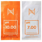 pH reference solution packets for probe calibration, featuring pH 10.00 (orange) and pH 7.00 (white) calibration solutions.