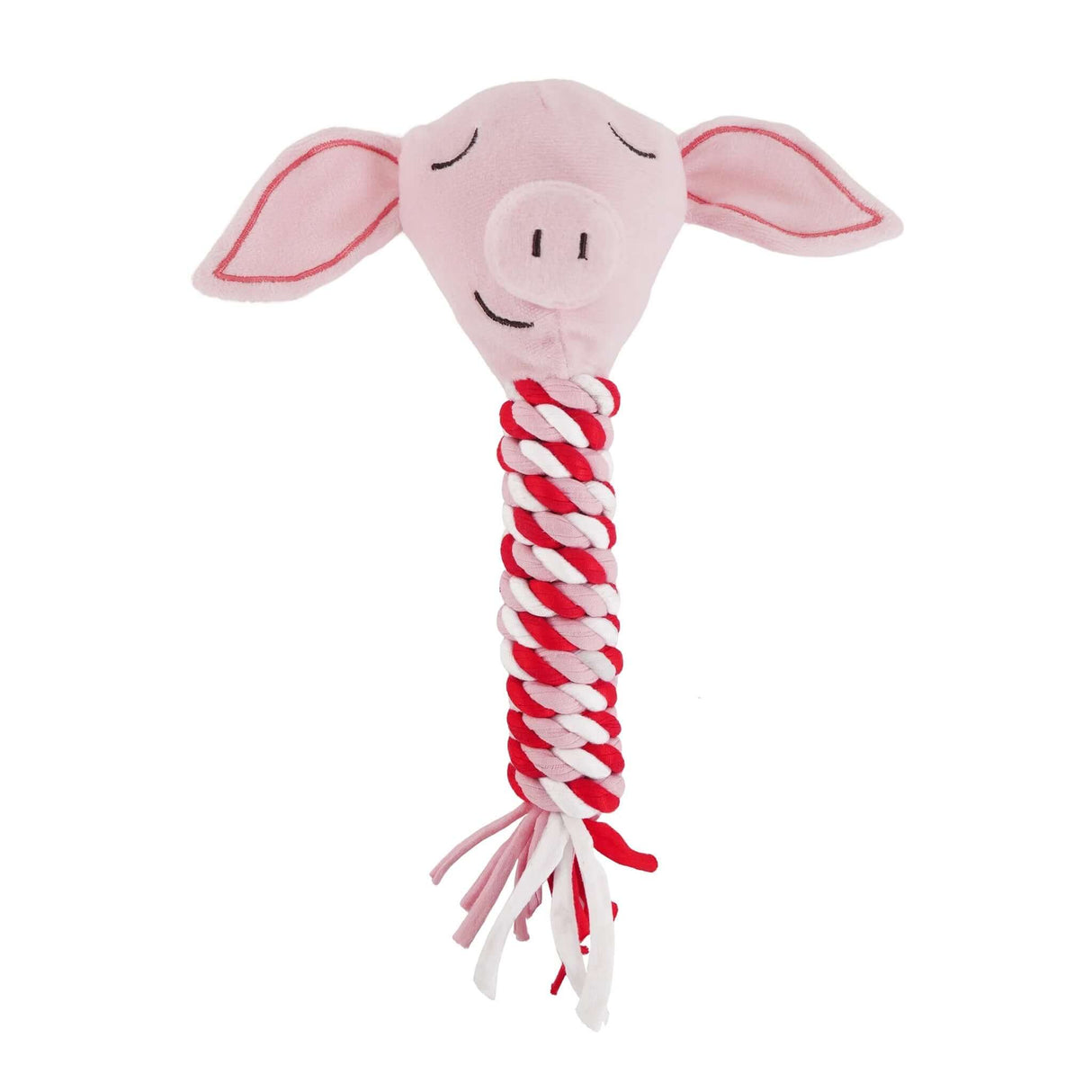 Plush Pig in Blanket dog toy with braided rope, perfect for playtime and featuring a squeaker for added fun.