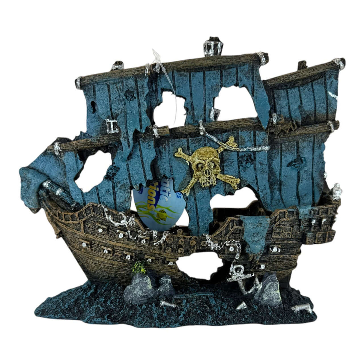 Pirate shipwreck aquarium ornament with realistic damage and vibrant colors, perfect for enhancing your aquarium.