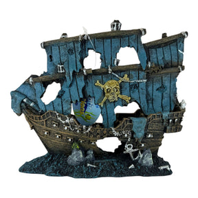 Pirate shipwreck aquarium ornament with realistic damage and vibrant colors, perfect for enhancing your aquarium.