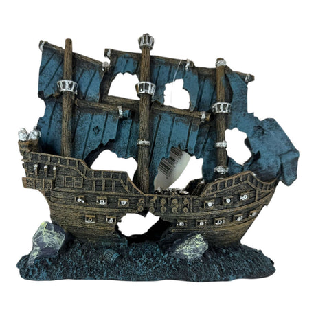 Intricately designed pirate shipwreck aquarium ornament with vibrant teal and weathered wood tones.