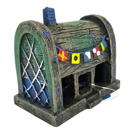 Pirates Booty Aquarium Ornament featuring a rustic barrel-shaped structure with colorful flags and detailed textures.