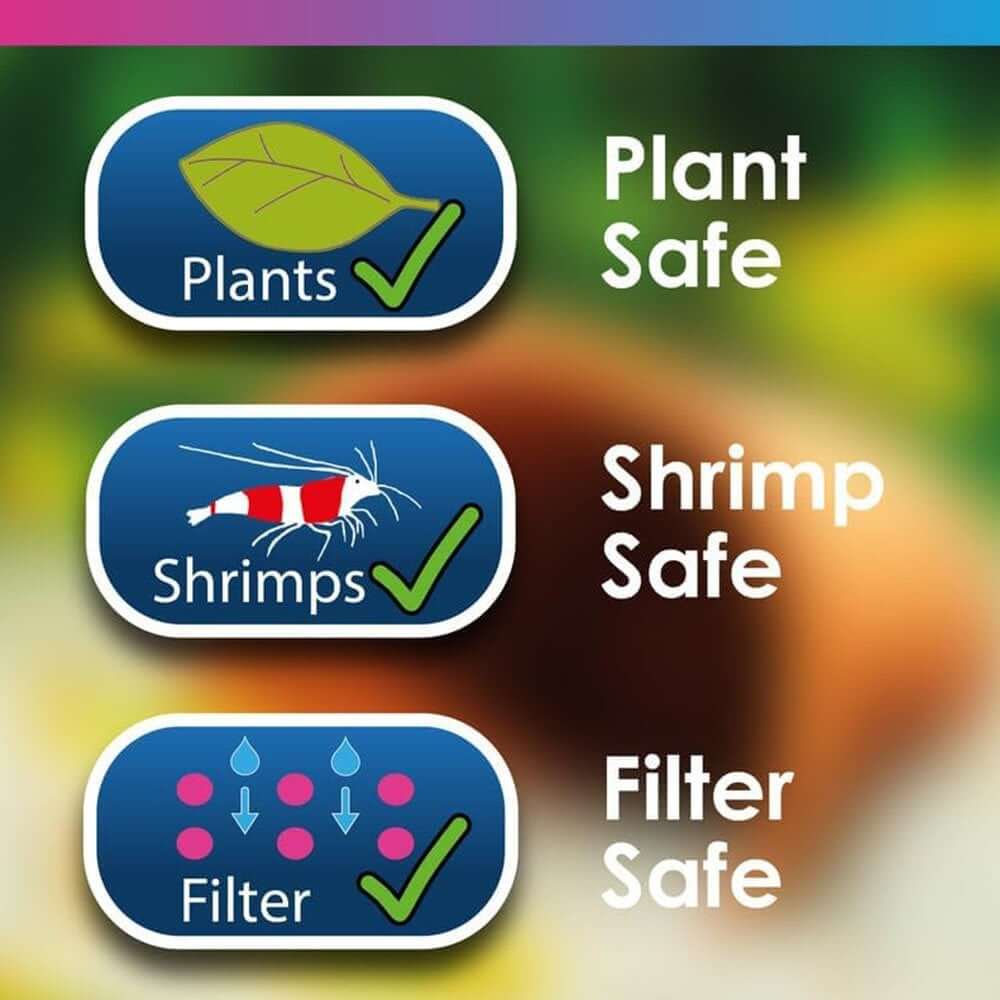 Icons depicting plant safe, shrimp safe, and filter safe for aquarium use.