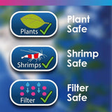 Icons showing plant safe, shrimp safe, and filter safe features for aquarium treatments.