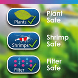 Infographic showing 'Plant Safe', 'Shrimp Safe', and 'Filter Safe' icons for aquarium products.