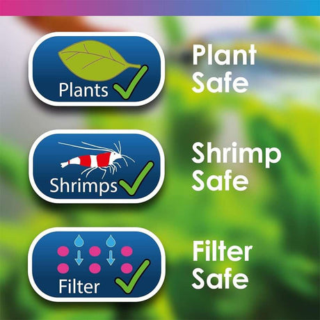 Infographic showing 'Plant Safe', 'Shrimp Safe', and 'Filter Safe' icons for aquarium products.
