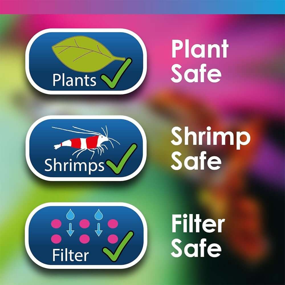 Icons showing plant safe, shrimp safe, and filter safe for aquarium use.