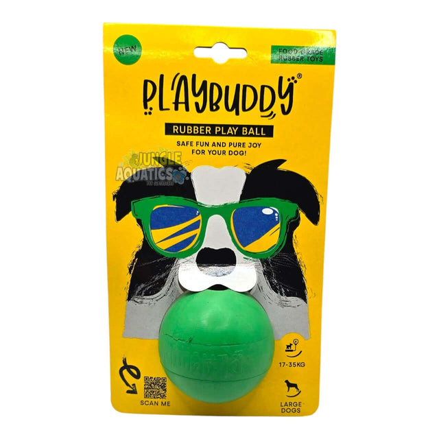 Playbuddy Rubber Ball for dogs, eco-friendly and safe for fun fetch games, featuring bright packaging and playful design.