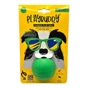 Playbuddy Rubber Ball for dogs in green packaging, featuring a playful dog design with sunglasses.