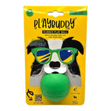 Playbuddy Rubber Ball for dogs in green packaging, featuring a playful dog design with sunglasses.