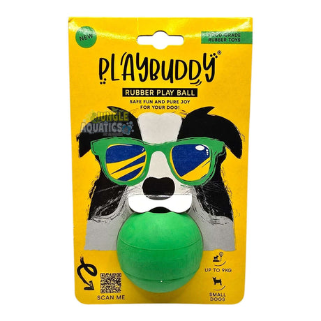 Playbuddy Rubber Ball for dogs in green packaging, featuring a playful dog design with sunglasses.