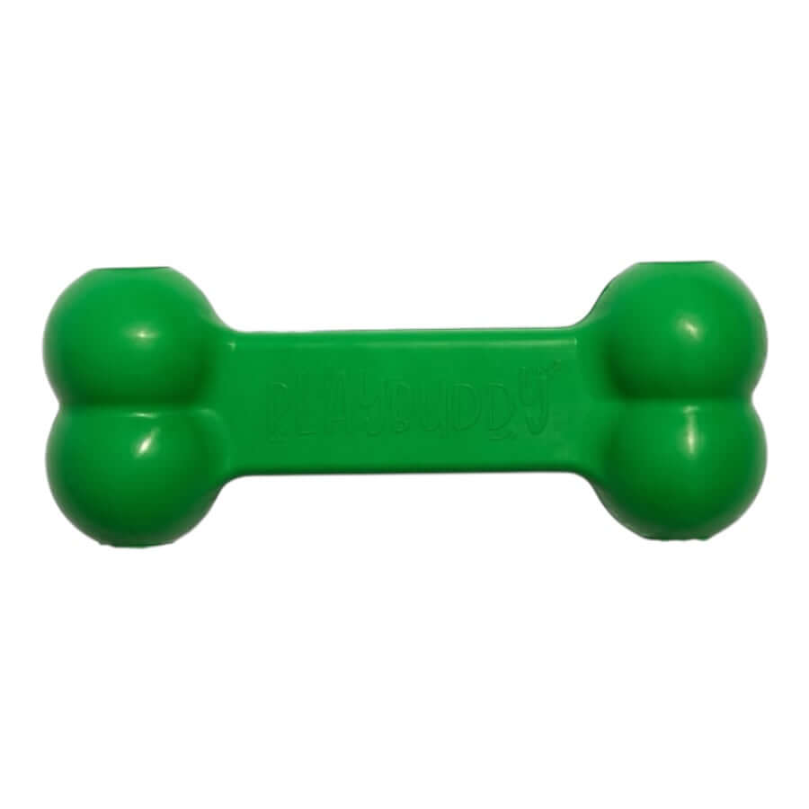 PlayBuddy rubber chew toy bone in vibrant green for dogs, non-toxic and durable design.