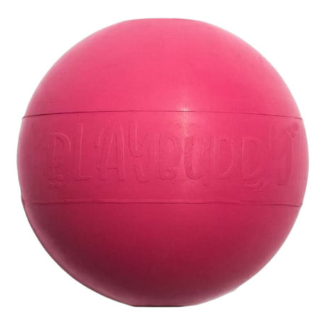 Playbuddy Ball in vibrant pink color, made from durable, non-toxic rubber for safe dog play.