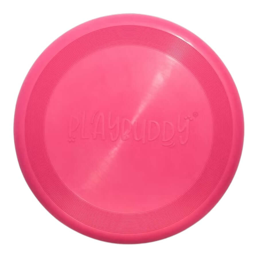 Playbuddy Frisbee in vibrant pink color, perfect for outdoor play and dog entertainment.