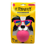 Playbuddy Rubber Ball packaging featuring a playful design for large dogs, safe and made of food-grade rubber.