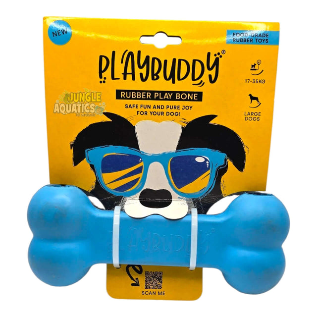 PlayBuddy rubber play bone in blue packaging, designed for safe and enjoyable chewing for dogs.