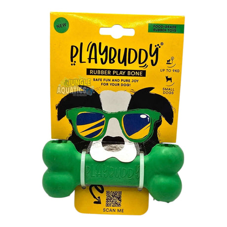 PlayBuddy Rubber Play Bone for dogs; safe, durable, non-toxic chew toy in vibrant green packaging.