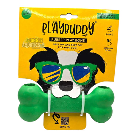 Playbuddy Rubber Play Bone in vibrant green packaging, safe chew toy for dogs, made from durable food-grade rubber.