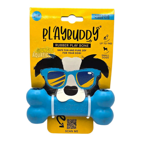 Playbuddy Rubber Play Bone toy for small dogs, blue color, safe and durable food-grade rubber design.