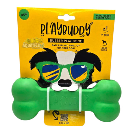 Playbuddy Rubber Play Bone for large dogs, made from safe, food-grade rubber. Vibrant green color design.