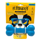 Playbuddy Rubber Play Bone for medium dogs, made from durable, non-toxic food-grade rubber in blue color.