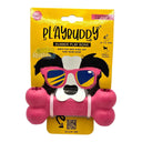 PlayBuddy Rubber Play Bone in pink packaging, durable chew toy for small dogs, safe and non-toxic.