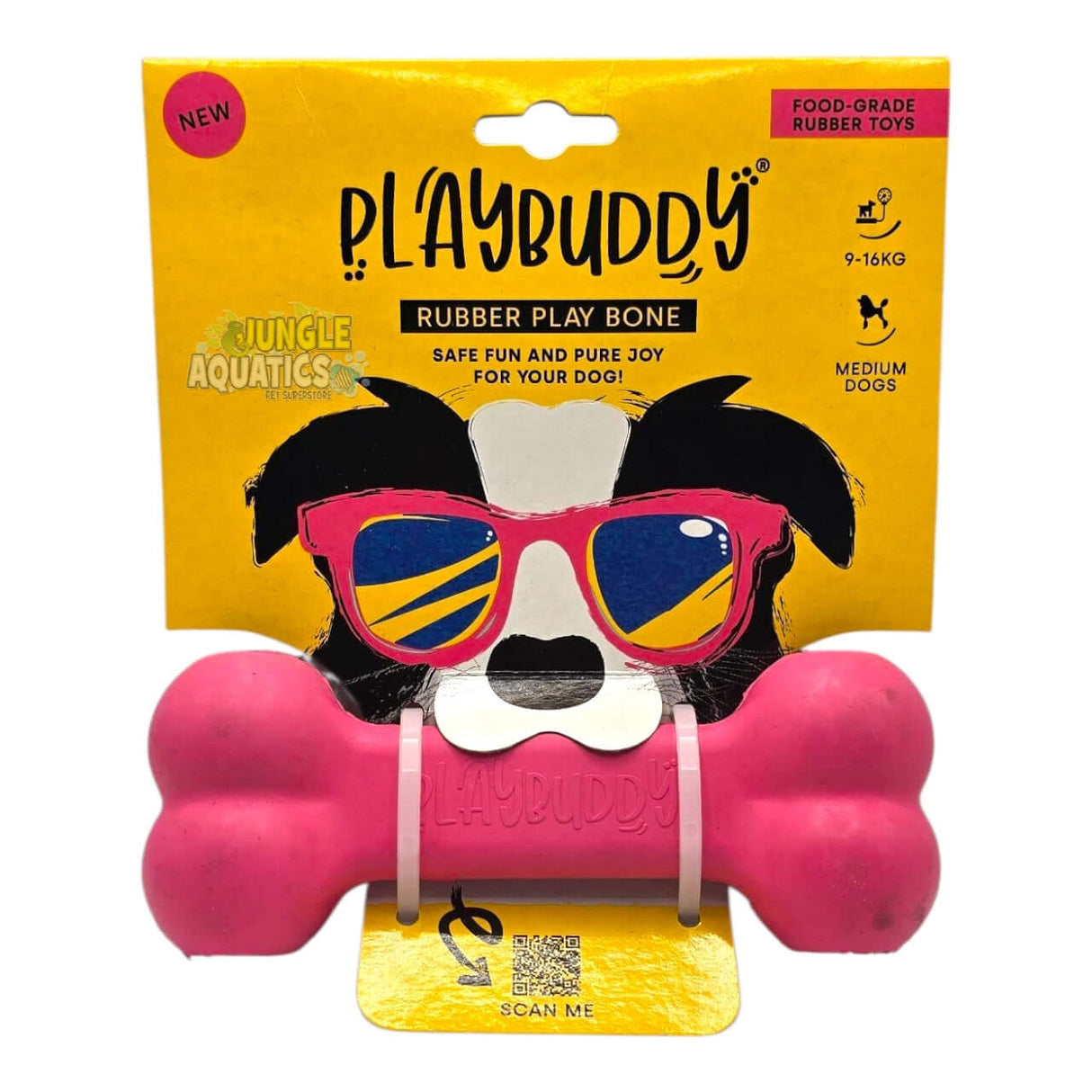 PlayBuddy rubber play bone in pink packaging, safe chew toy for medium dogs, made from food-grade rubber.