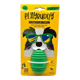 Playbuddy Rubber Play Thrill toy in green packaging designed for medium dogs, safe and durable for excitement and play.