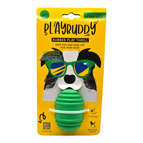 Playbuddy Rubber Play Thrill toy in green packaging designed for medium dogs, safe and durable for excitement and play.