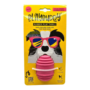 Playbuddy Rubber Play Thrill toy in pink packaging, designed for medium dogs for safe and engaging play.